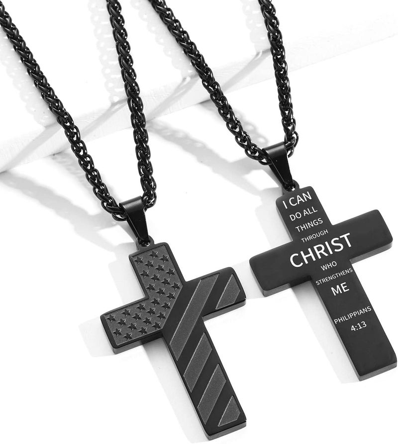 DuoDiner Valentines Day Gifts for Him -24 Inch Cross Necklace for Men Boys Kids Bible Verse American Flag Pendant Baptism Religious First Communion Jewelry Gifts - Image 2
